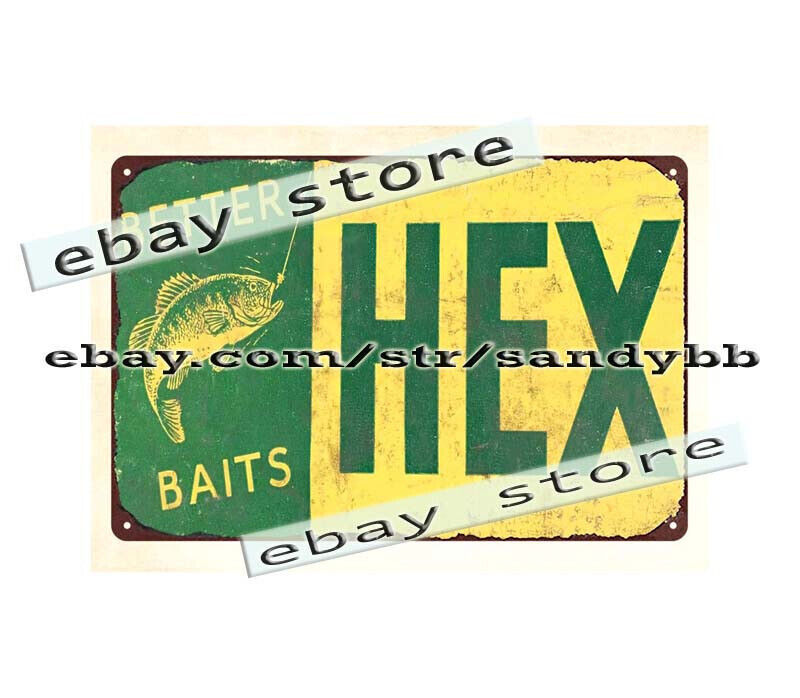 Hex fishing lure bait tackle metal tin sign collectible rusty wall decor