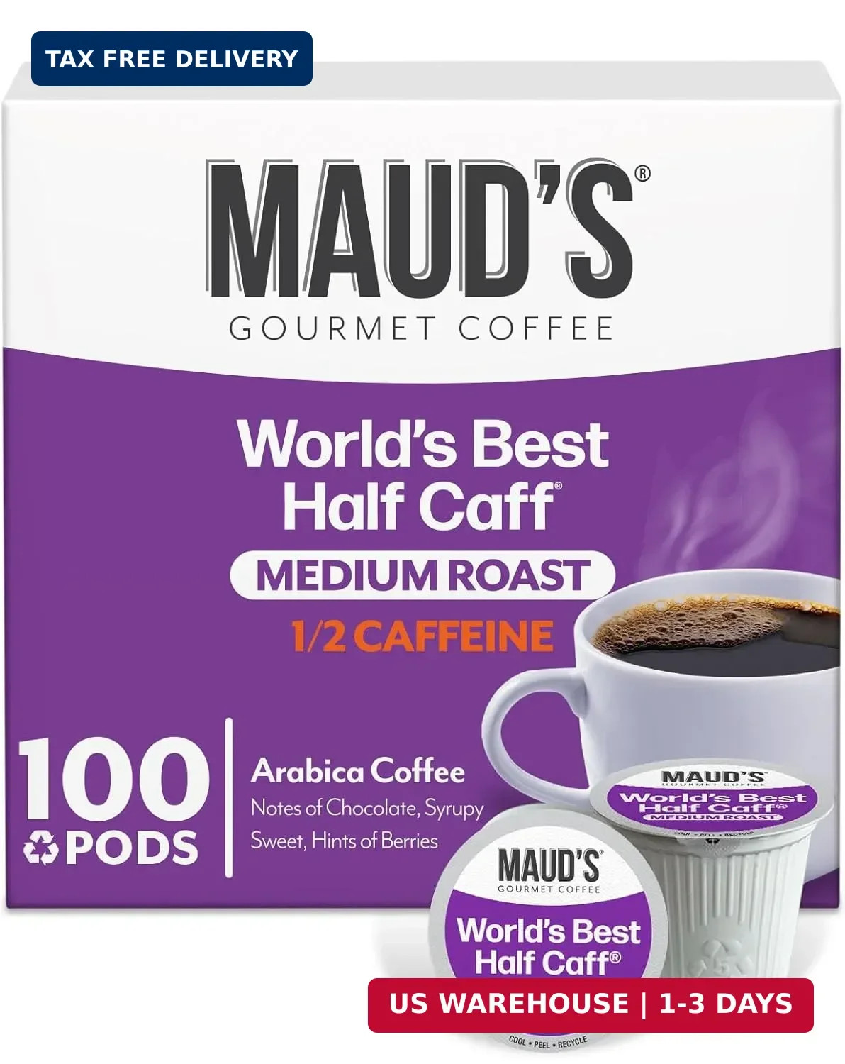 Maud’s Half Caff Coffee Pods, 100 ct, Medium Roast Coffee in Single Serve Pods –