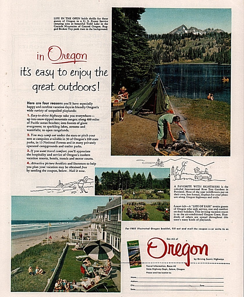 1954 A AD TRAVEL TOURIST OREGON CAMPING TODD LAKE ROSE TEST GARDENS