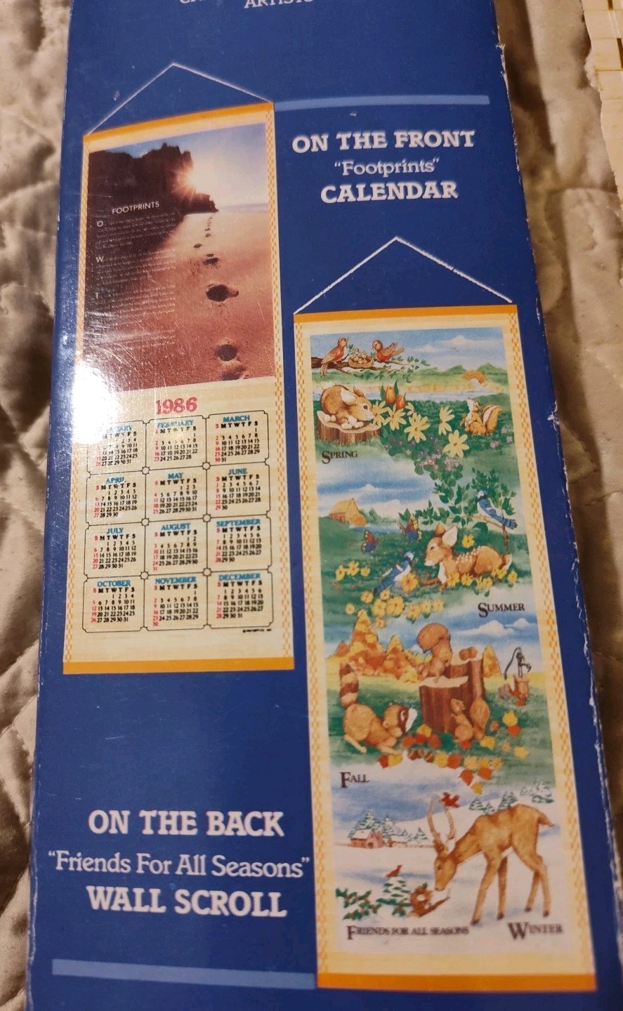 Vintage 1986 Reversible Wooden Wall Scroll Calendar “Footprints”