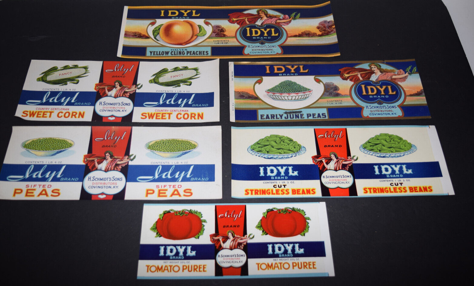 6 Original Ca. 1930’s Idyl Brand Vegetable Can Labels – NOS