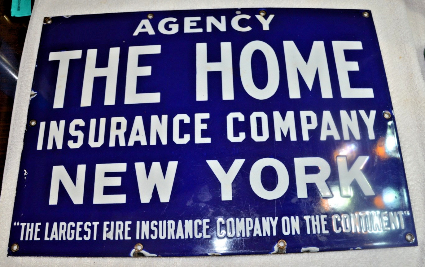 Vtg Home. New York. Antique Porcelain Enamel Insurance Co. Trade Sign 20″X14″