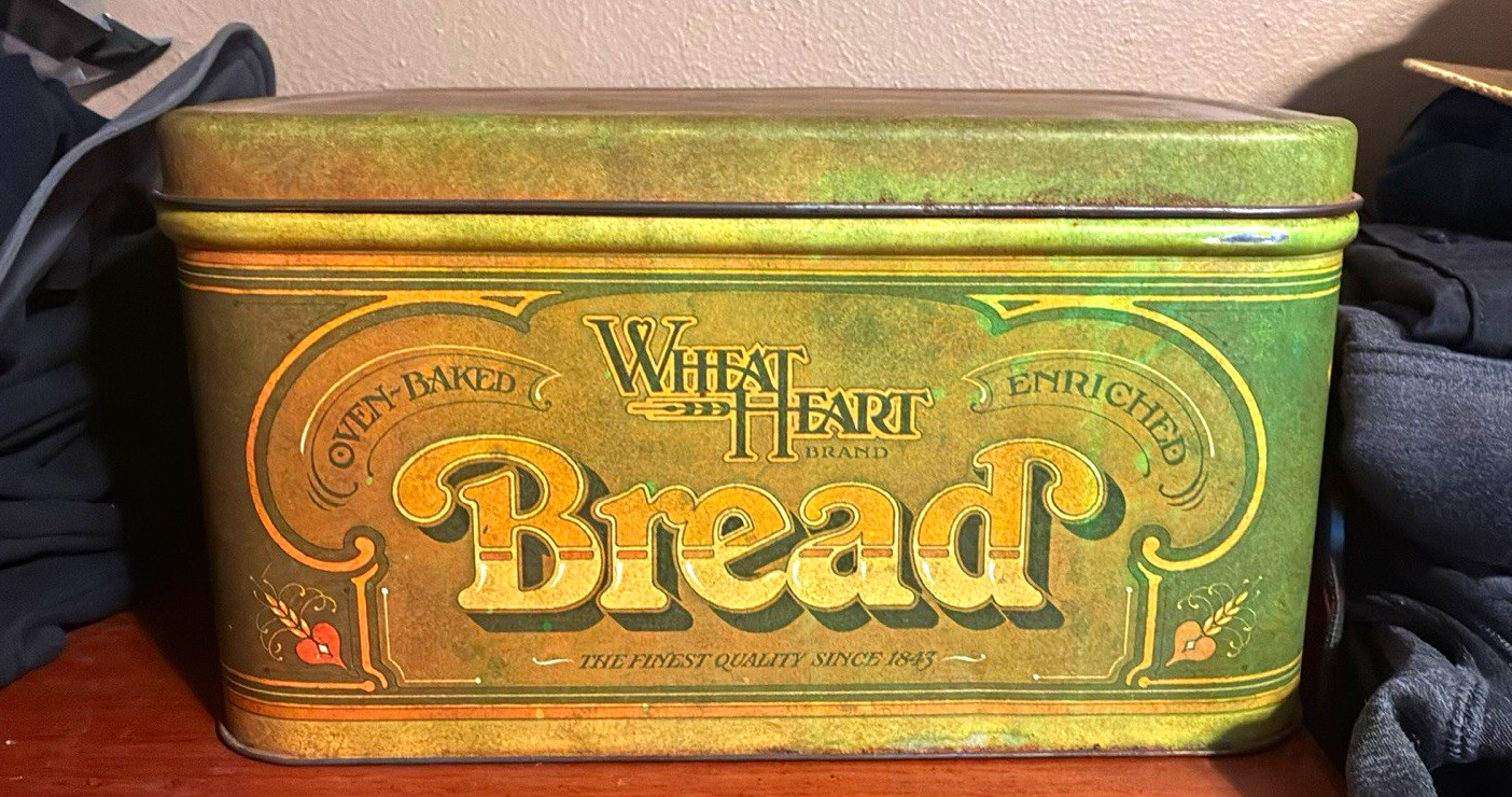 Wheat Heart Bread Advertising Tin 1948 Green Brown Gold Collectible