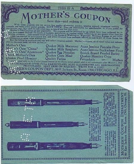 Mother’s Oats Premium Coupon, Fountain Pens,1931