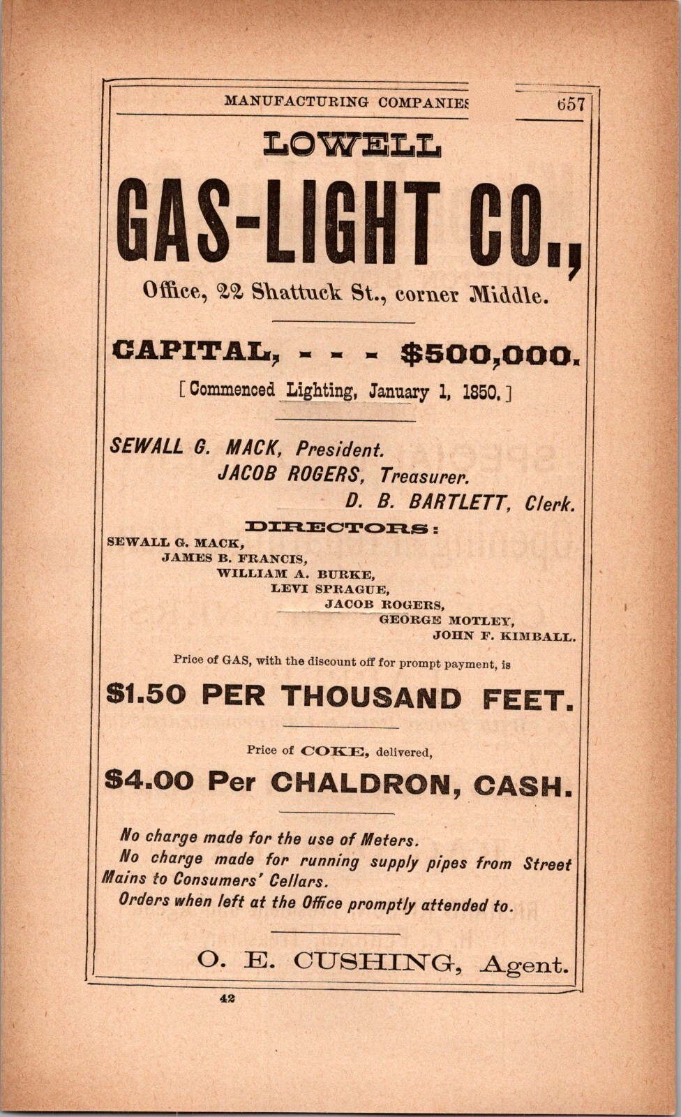 1885 Lowell Gas Light Co O.E. Cushing Agent LOWELL MA