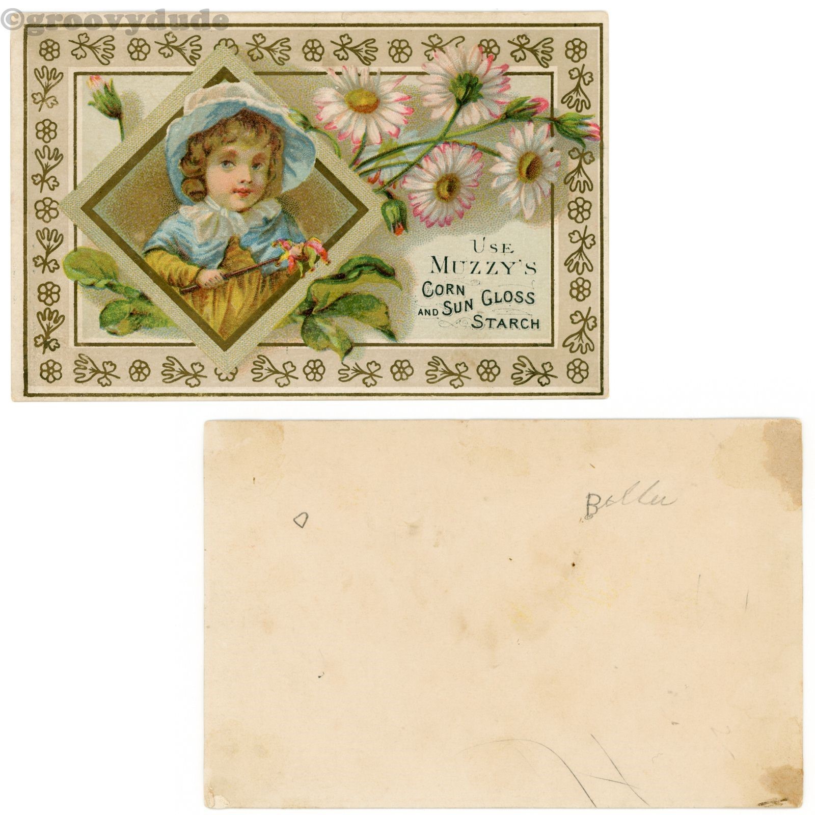 Muzzy’s Corn Sun Gloss Starch Laundry Ad Victorian Vintage Floral Postcard Card