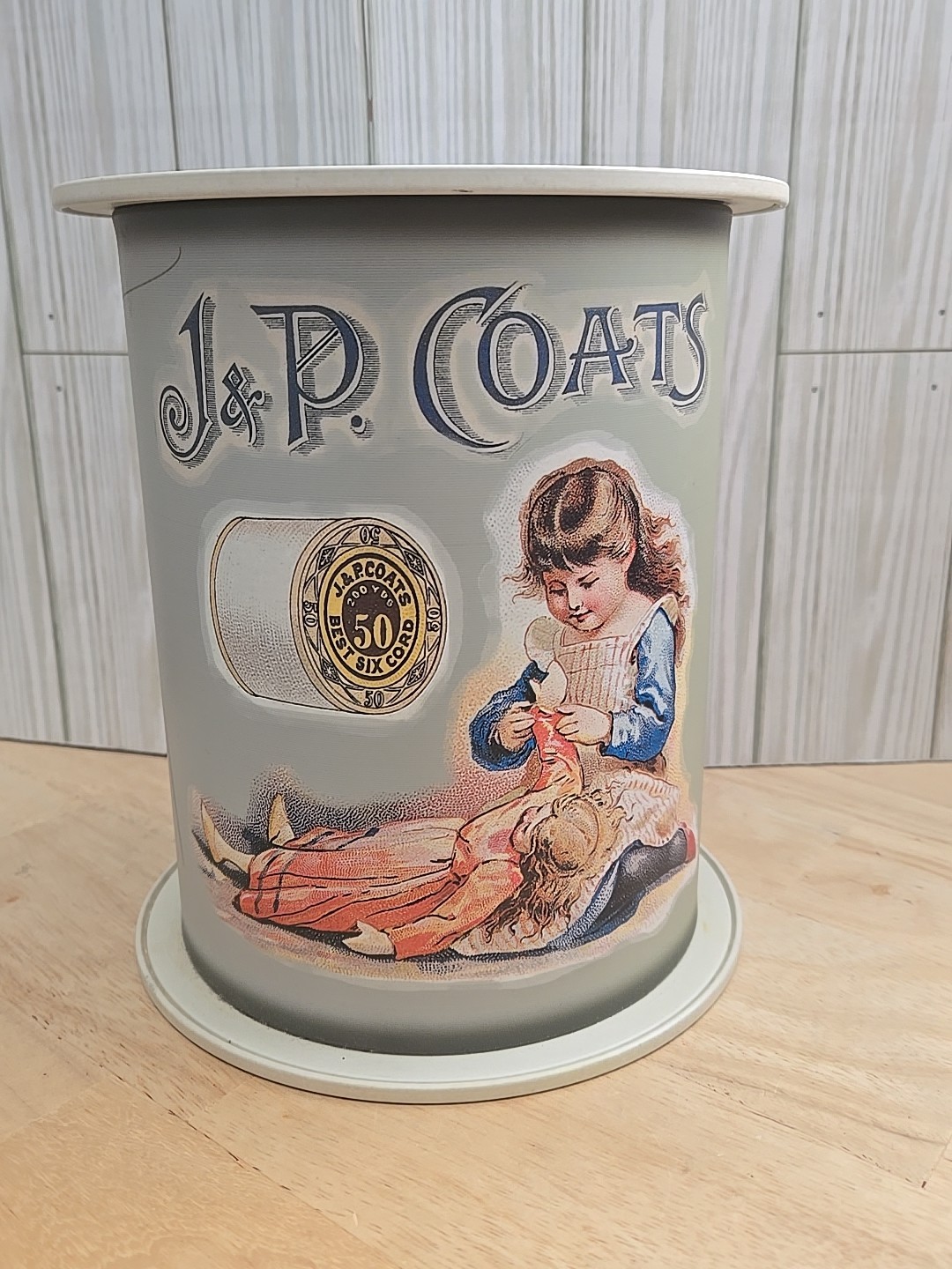 2006 Vintage Clarks Sewing Spool Cotton J&P Coats Collectible 8″ Tin Girl Doll