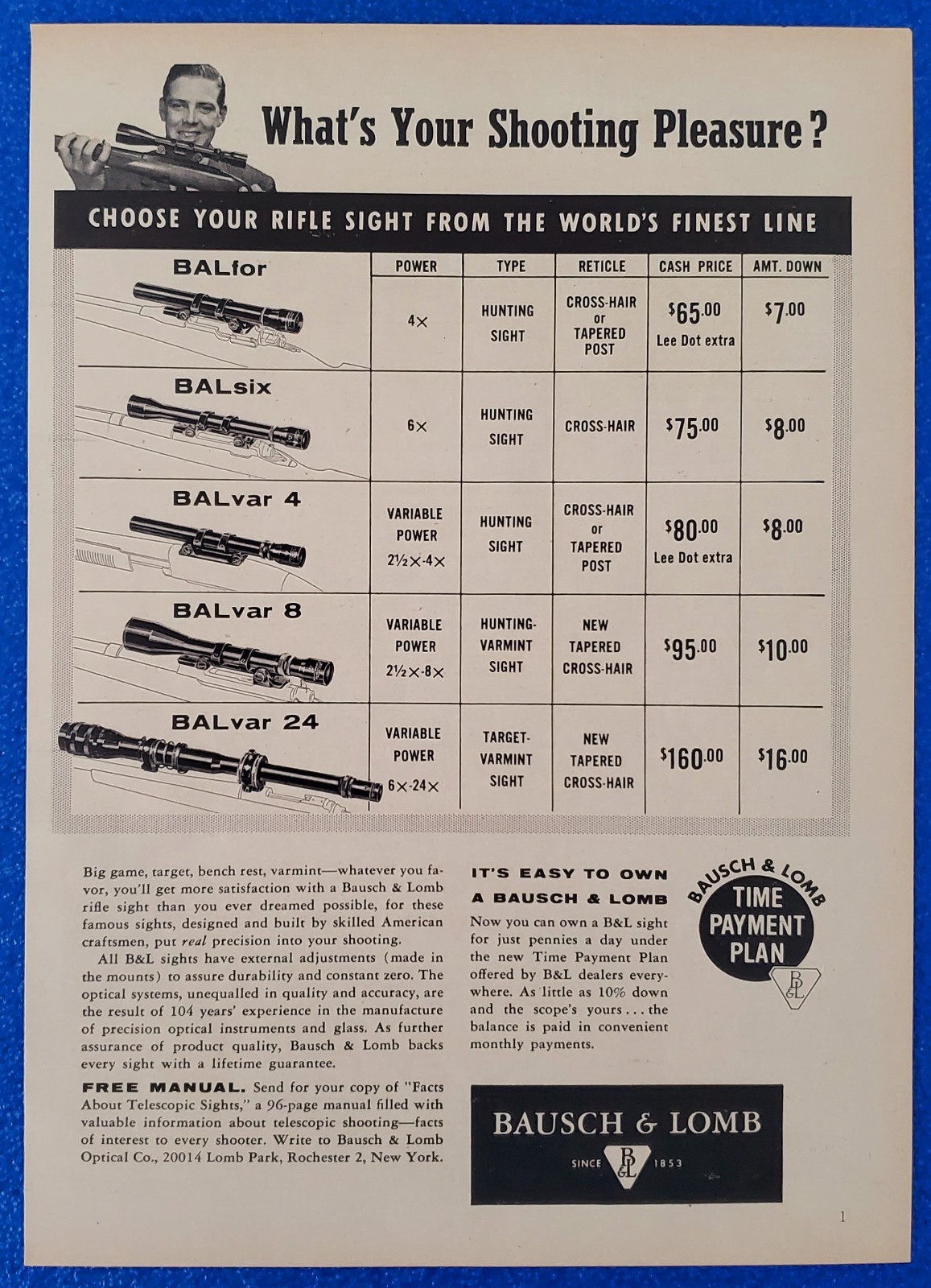 1957 CLASSIC BAUSCH & LOMB HUNTING / SHOOTING PRODUCT LINE-UP ORIGINAL PRINT AD