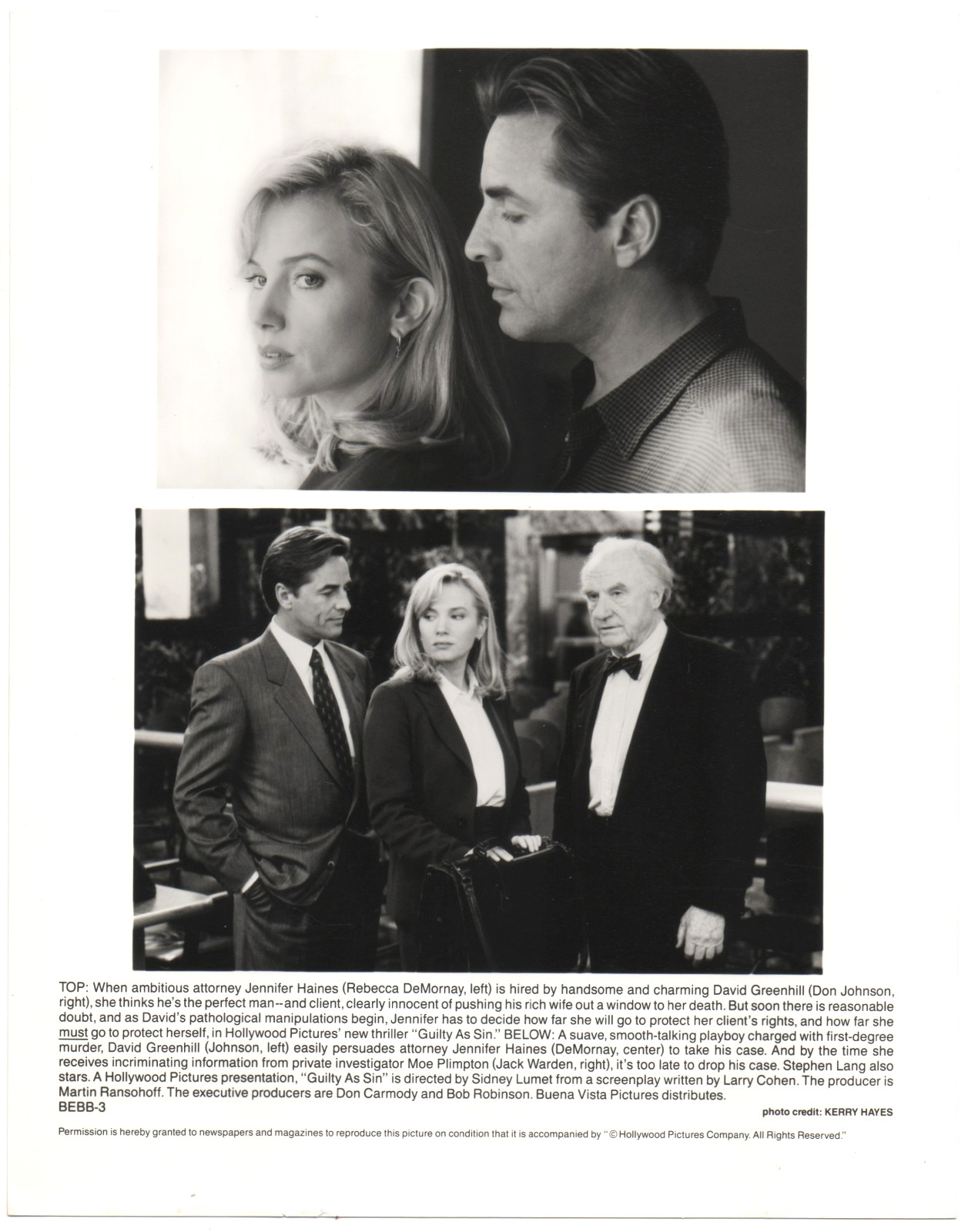 GUILTY AS SIN ⚖️Orig 8×10 Movie Still Photo 1993 REBECCA DE MORNAY DON JOHNSON 1