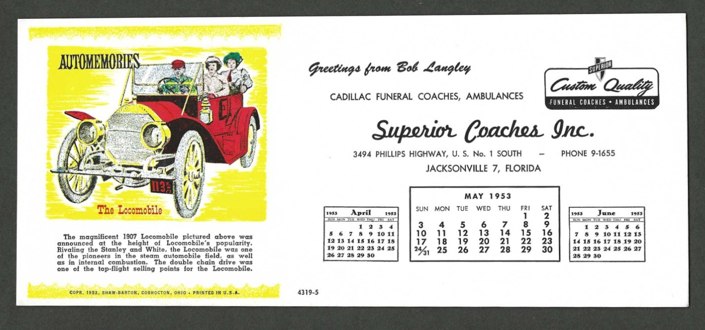 1953 Blotter Superior Coaches Jacksonville Florida Ambulances Cadillac Funeral