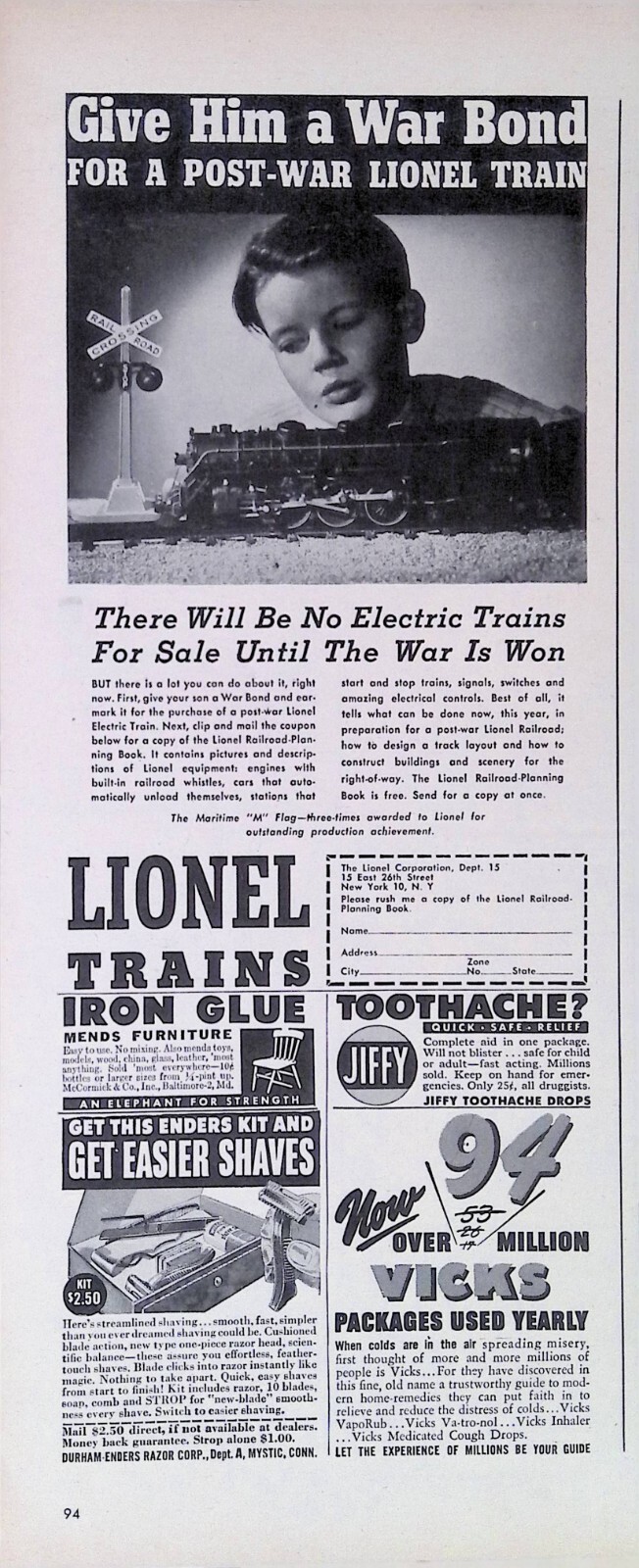 Vintage Print Ad 1940’s WWII Lionel Trains Post-War Gift Railroad Boy War Bonds