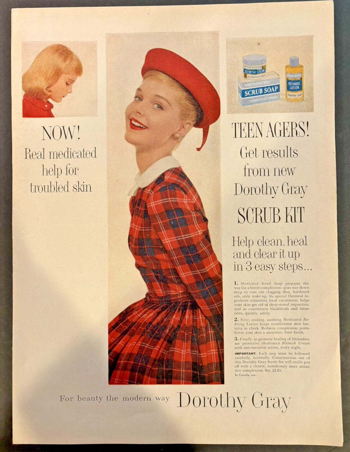 Vintage 1950s Advertising Dorothy Gray Scrub Kit, Skin Care, Plaid