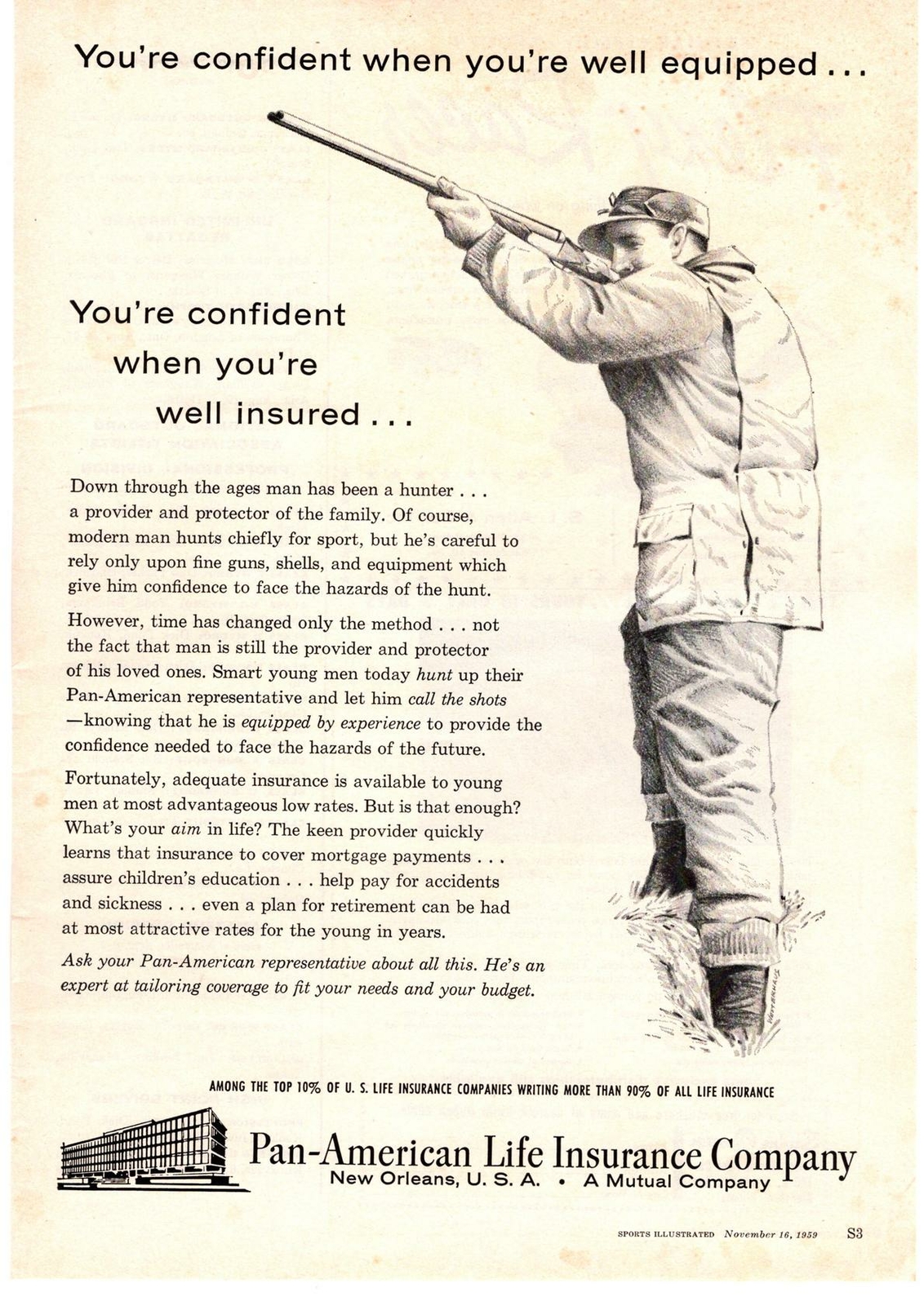1959 Pan-American Life Insurance Company New Orleans LA Hunter Rifle Print Ad
