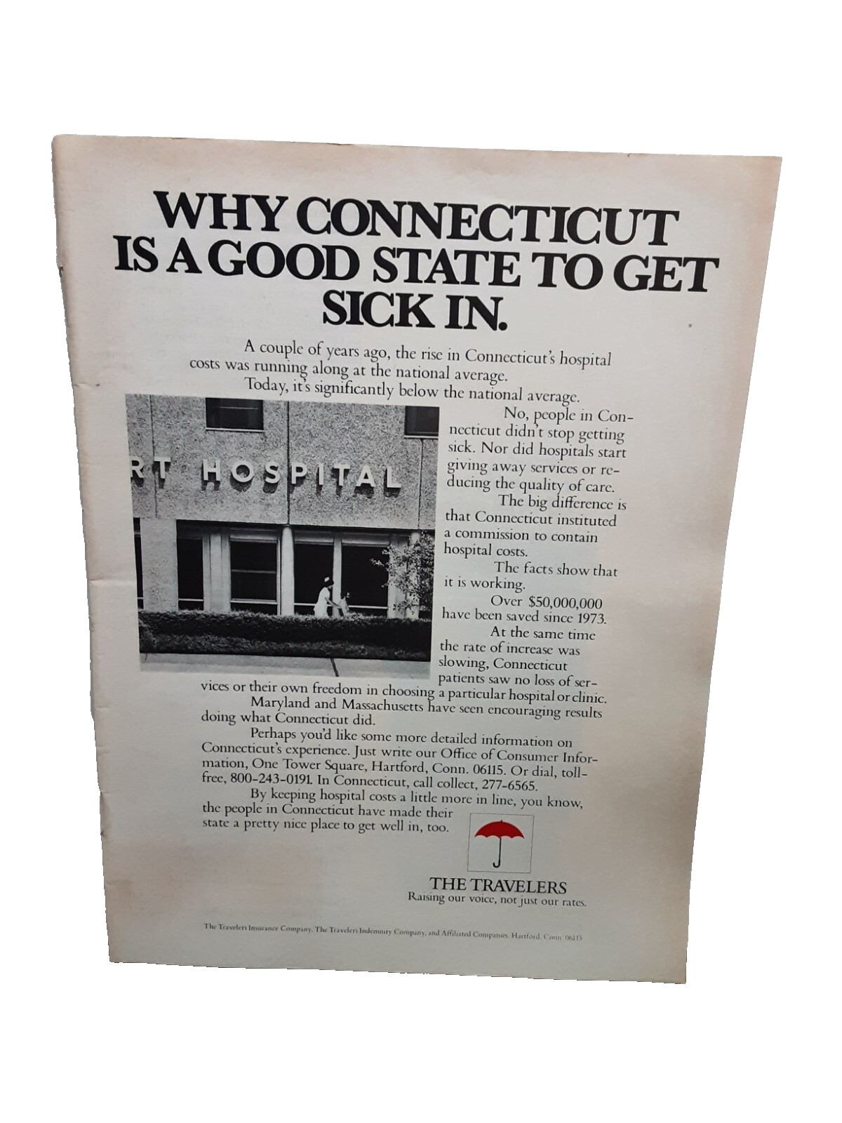1977 The Travelers Insurance Connecticut Hospital Original Print Ad 70s