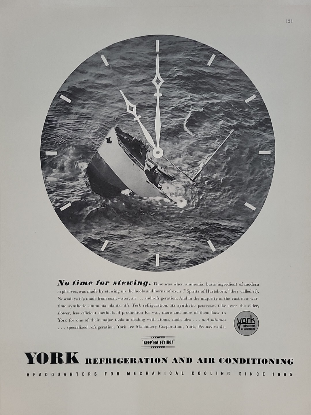 1942 York Ice Machinery Fortune WW2 Print Ad Q2 Sinking Ship War Ocean Clock