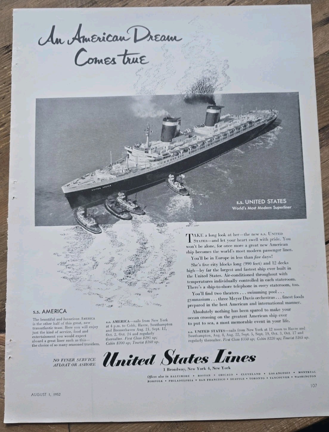 1952 United States Superliner Cruise Ship Lines American Dream Vintage Ad