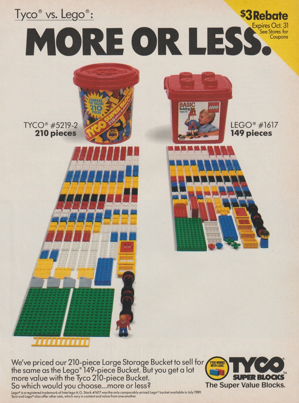 1989 Tyco Super Blocks – “Tyco vs. Lego More Or Less”- Building – Print Ad Photo