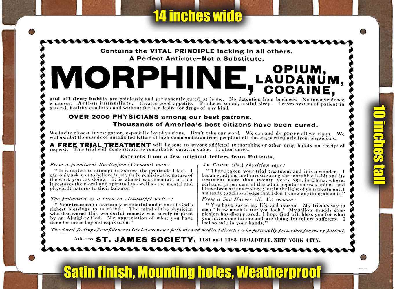Metal Sign – 1899 Morphine Opium Cocaine Cure- 10×14 inches