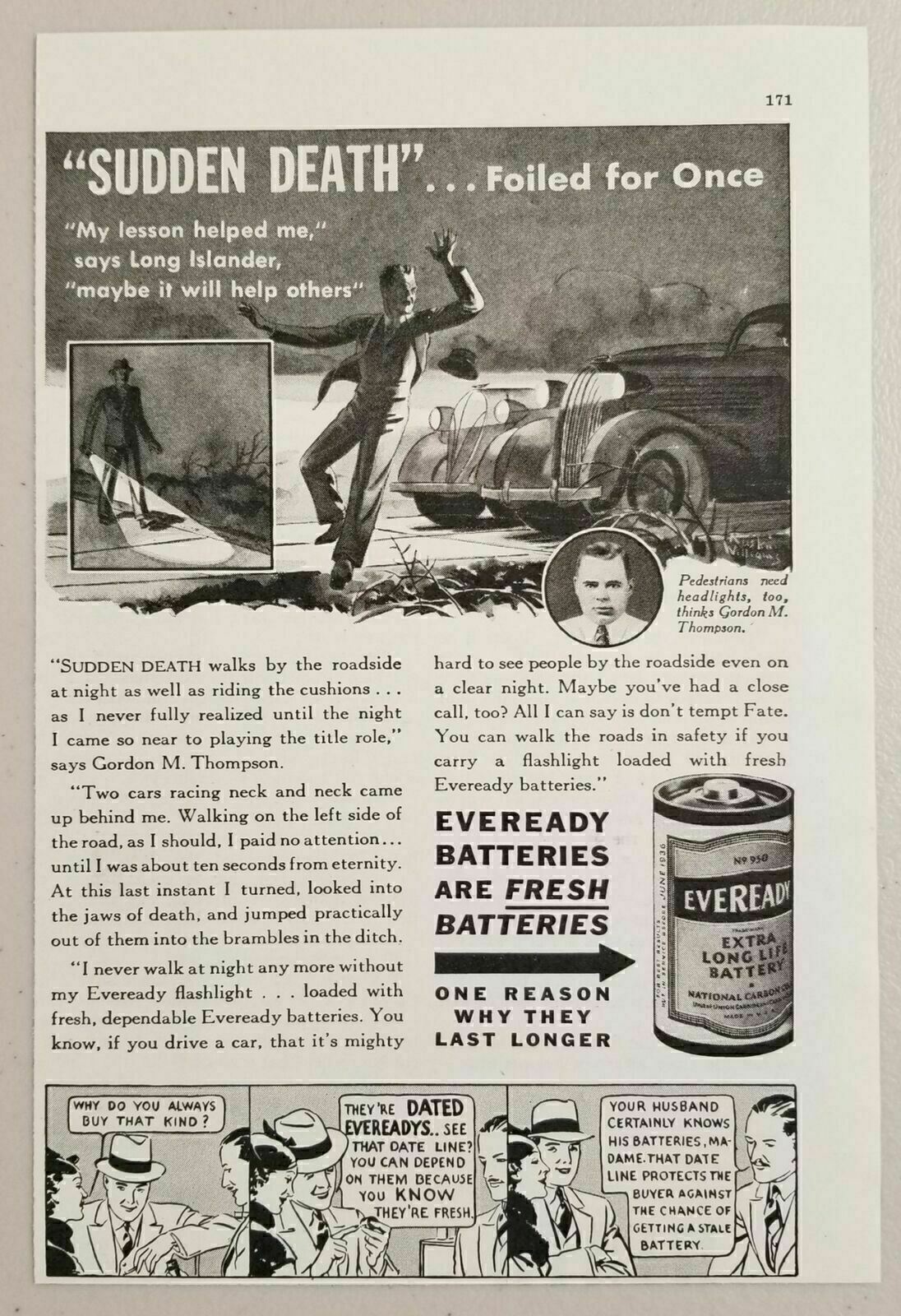 1936 Print Ad Eveready Batteries Man with Flashlight Almost Hit by Car