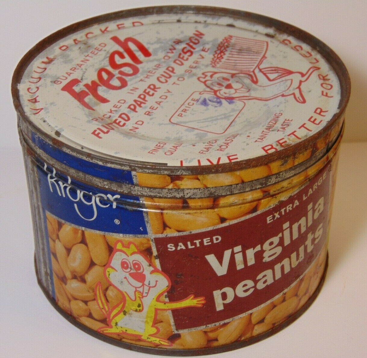 Old Vintage 1950s KROGER VIRGINIA PEANUTS NUTS CHIPMUNK GRAPHIC KEYWIND TIN CAN