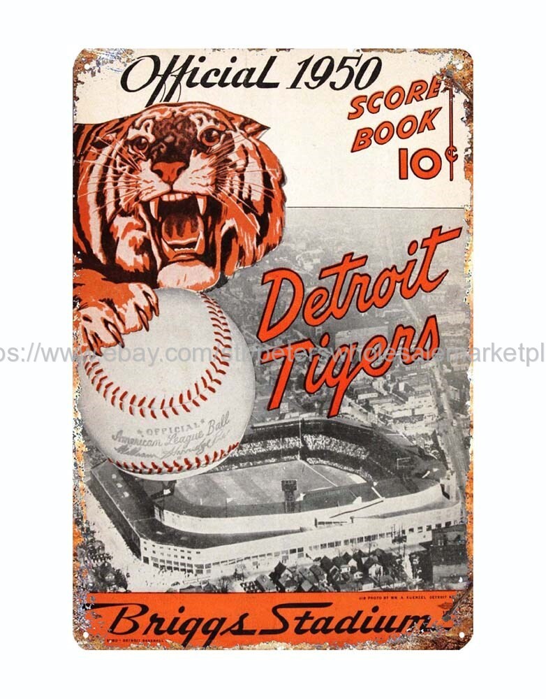 tin plaque 1950 Score Book Briggs Stadium metal tin sign