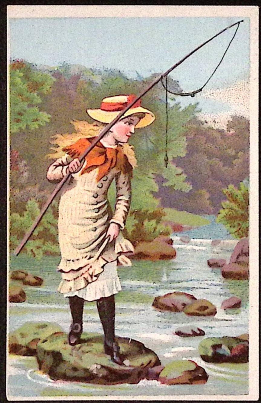 Lovely Young Girl Fishing in Creek Unbranded 1880s Victorian Trade Card