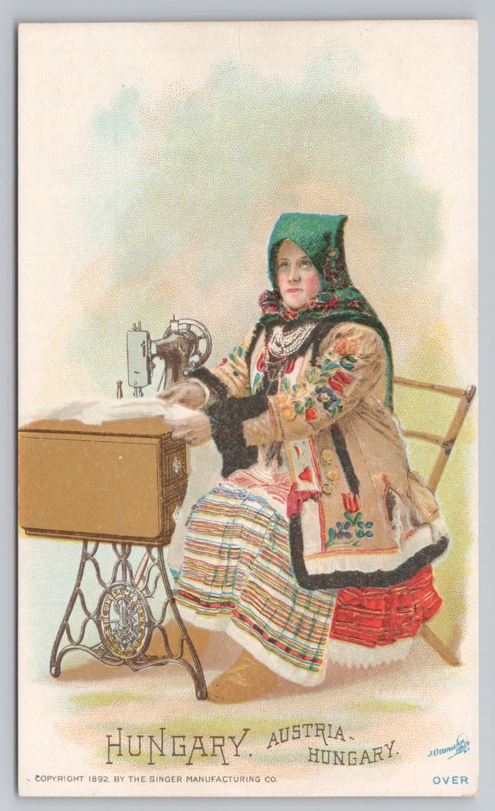 Hungarian Woman at Singer Sewing Machine in Hungary c1892 Trade Card