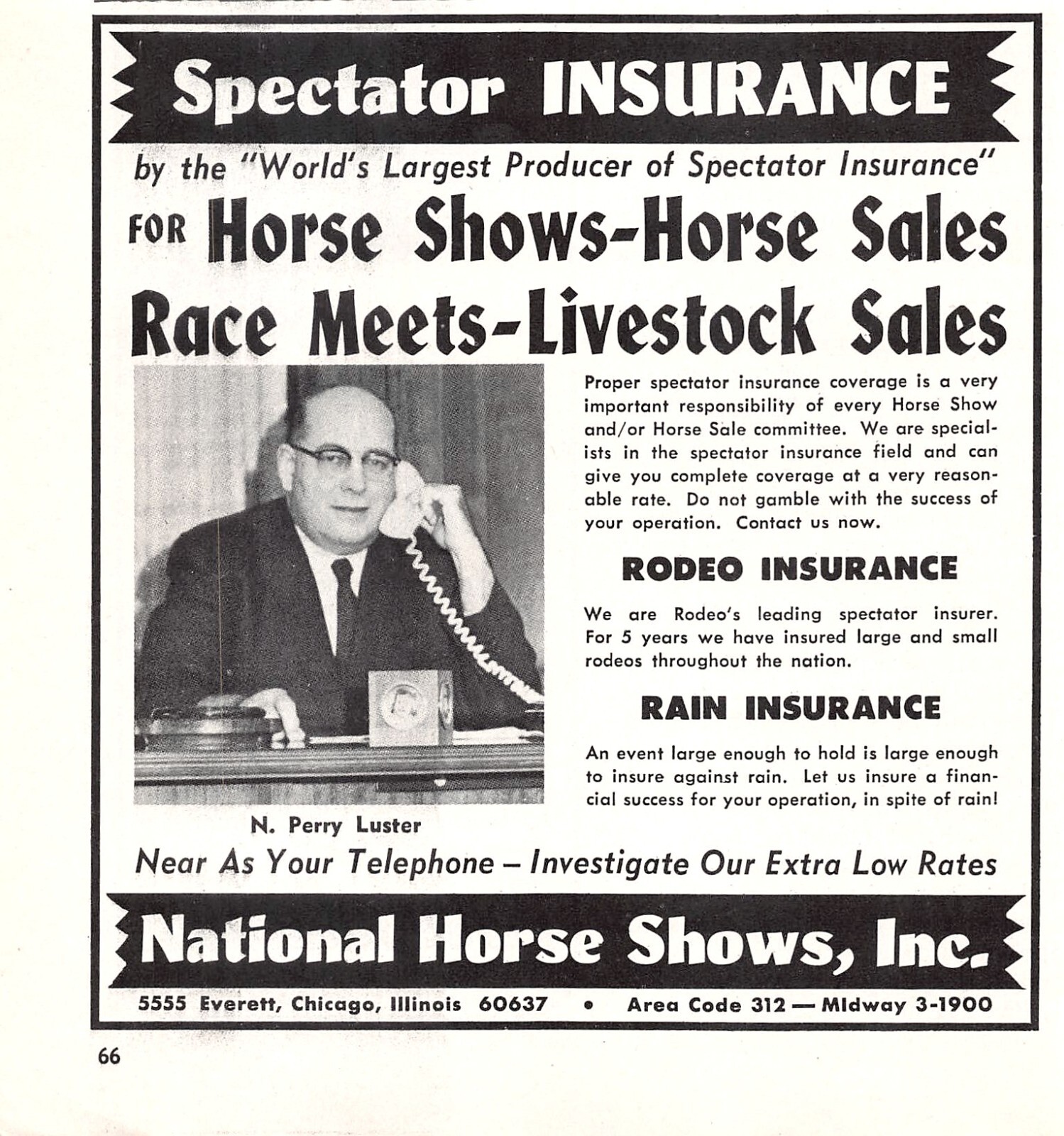 N. Perry Luster National Horse Shows Inc Chicago IL 5.25 x 5.5″ Vtg Mag Print Ad