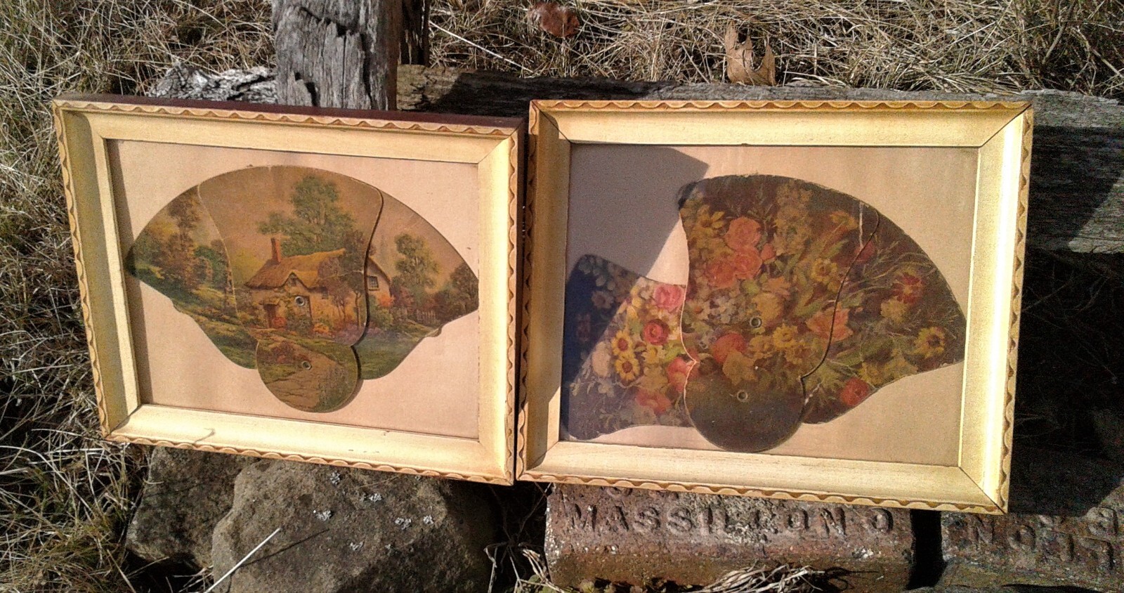 2 Antique Trifold Fans Pictures with Wooden Frames English Cottage with Flowers