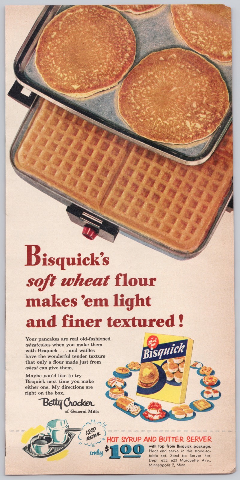 Bisquick Breakfast Waffle Pancakes Better Crocker Syrup Server 1954 Print Ad