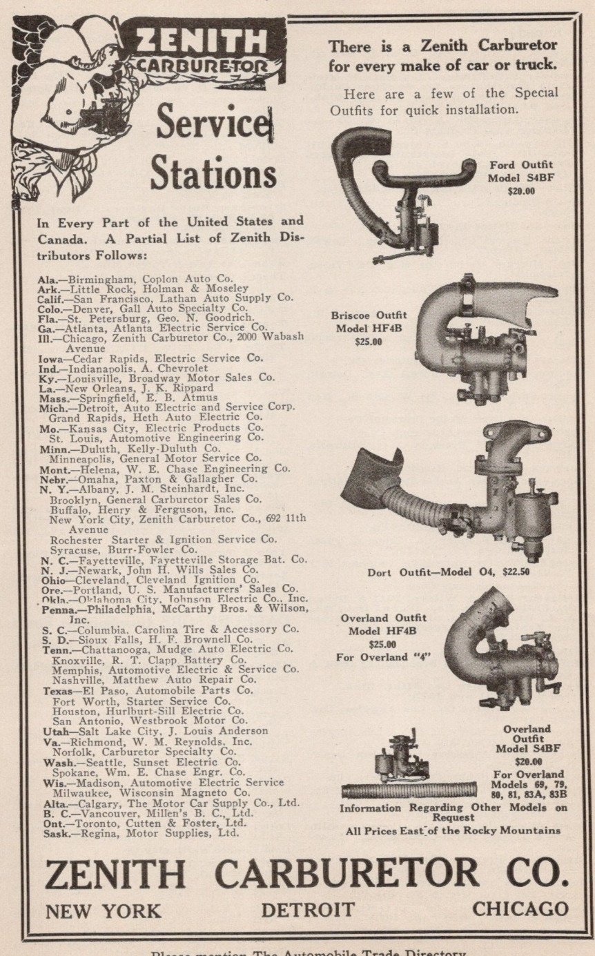 1921 Zenith Carburetor Service Stations Zenith Carburetor Co NYC Print Ad