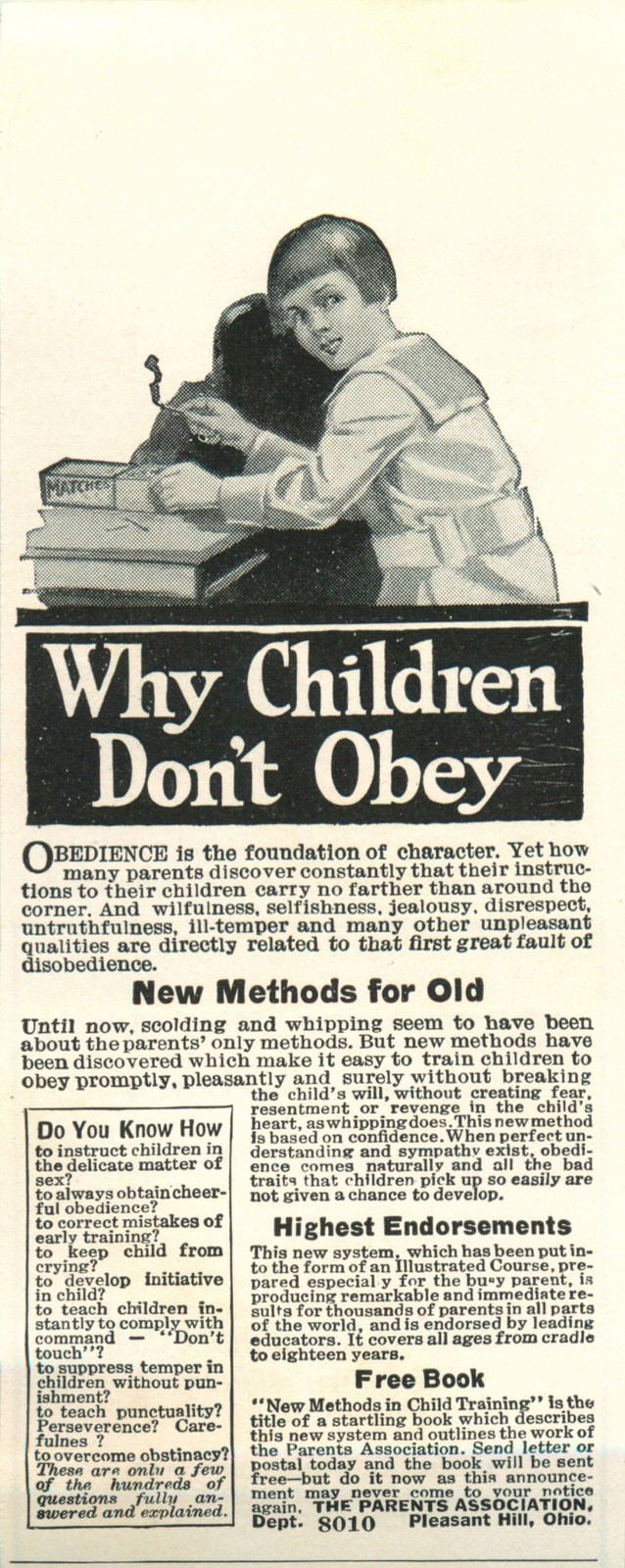 1923 Child Training Vintage 6” x 2 1/4” Print Ad – Why Children Don’t Obey