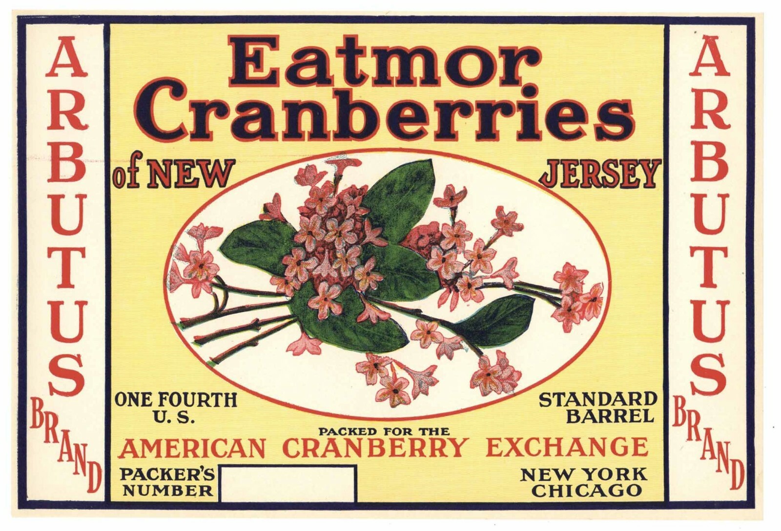 ARBUTUS Brand, New Jersey *AN ORIGINAL CRANBERRY CRATE LABEL*, 1/4, flower