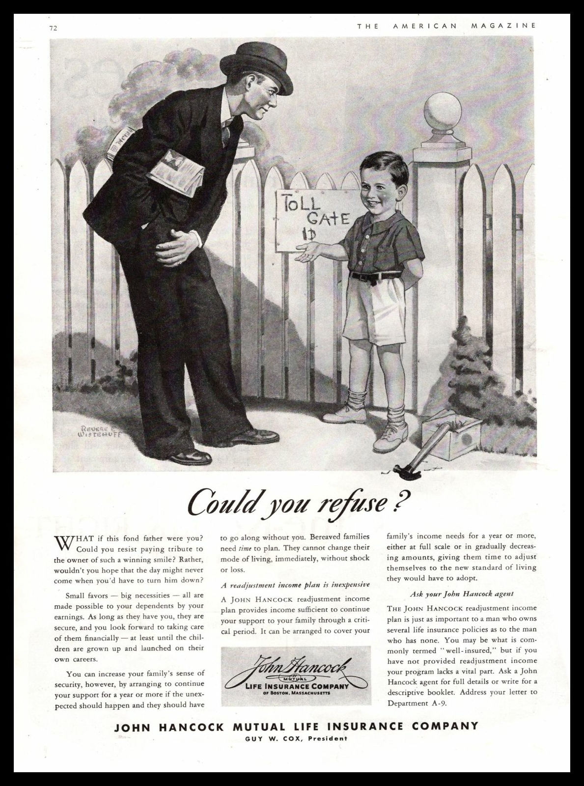 1939 John Hancock Life Insurance Boy Charging Father A 1¢ Toll Gate Fee Print Ad