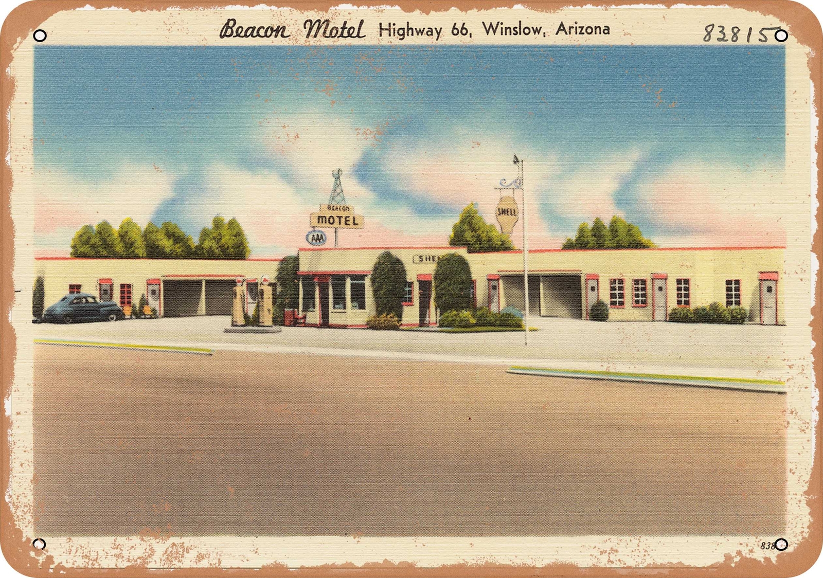 METAL SIGN – Arizona Postcard – Beacon Motel, highway 66, Winslow, Arizona