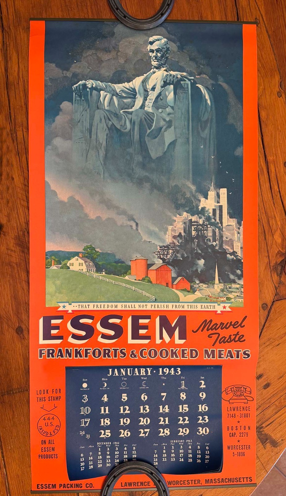 Very Nice 1943 ESSEM Frankforts &Cooked Meats ADVERTISING CALENDAR Worsester, MA