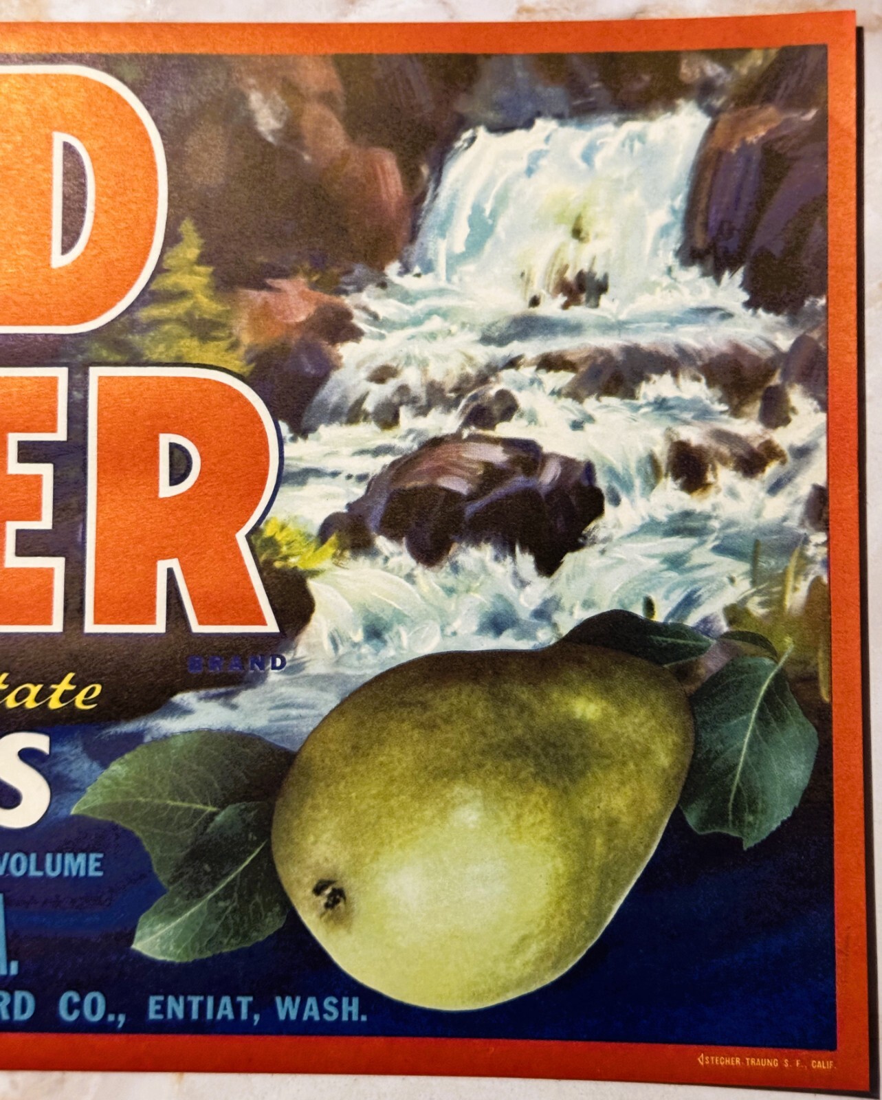 Vintage 1950s Mad River Pears Crate Label, Entiat, WA, Amazing Memorabilia! Red