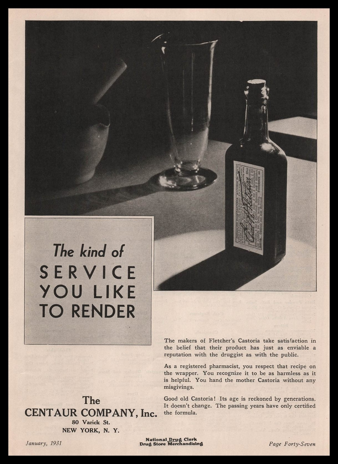 1931 Fletcher’s Castoria Laxative Bottle Centaur Co. New York Vintage Print Ad