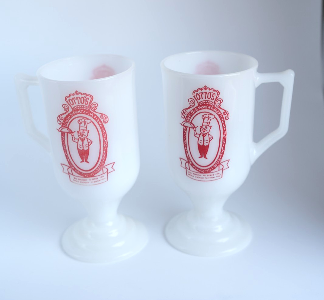 Otto’s Pink Pig Restaurant Milk Glass Footed Mugs Set of 2 Van Nuys CA 1960-70’s