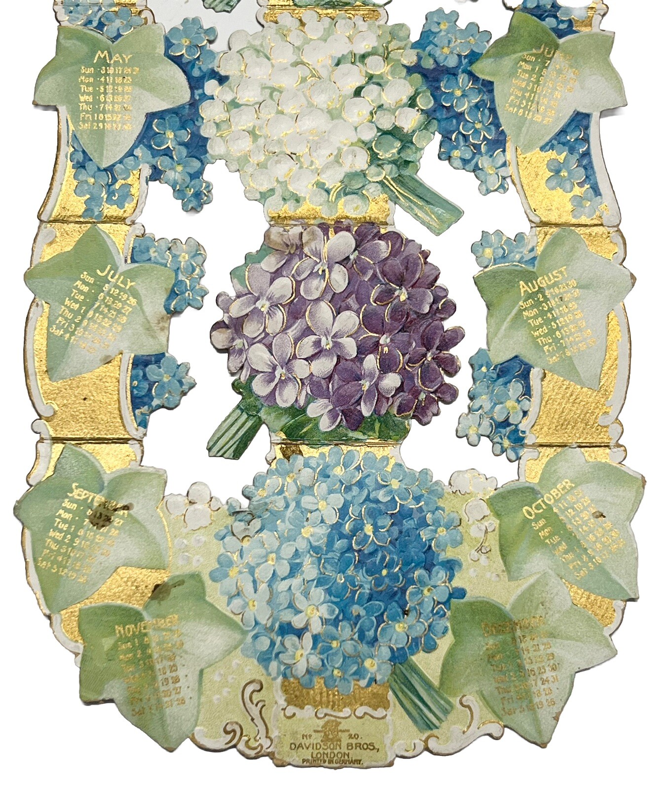 Antique 1908 Victorian Die Cut Calendar Sweet Posies Davidson Brothers London f3