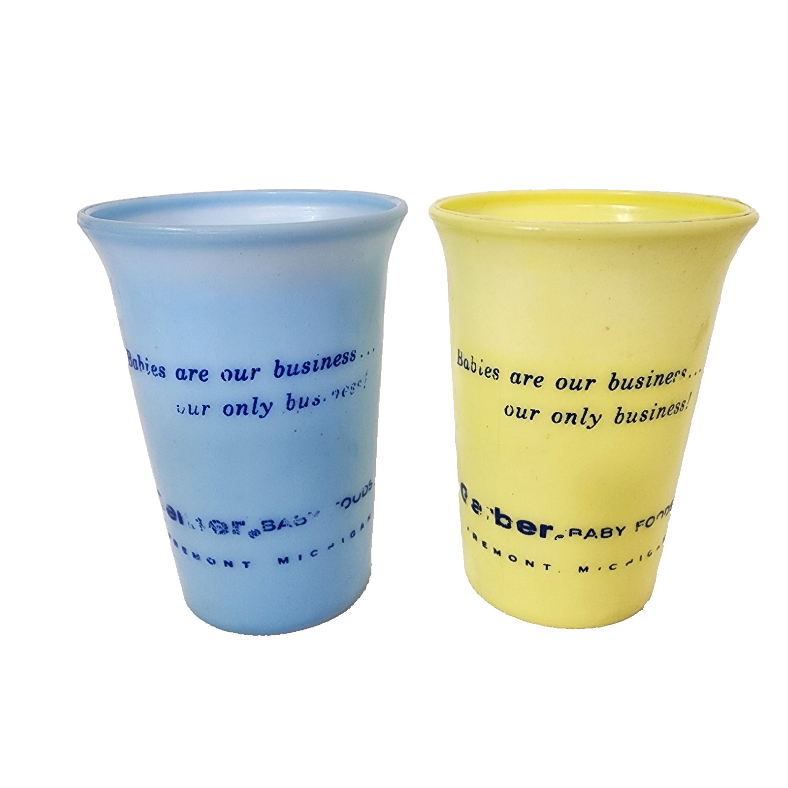 Vintage Set Gerber Baby Plastic Tumbler Cup Advertising 3.25″ Blue Yellow Childs