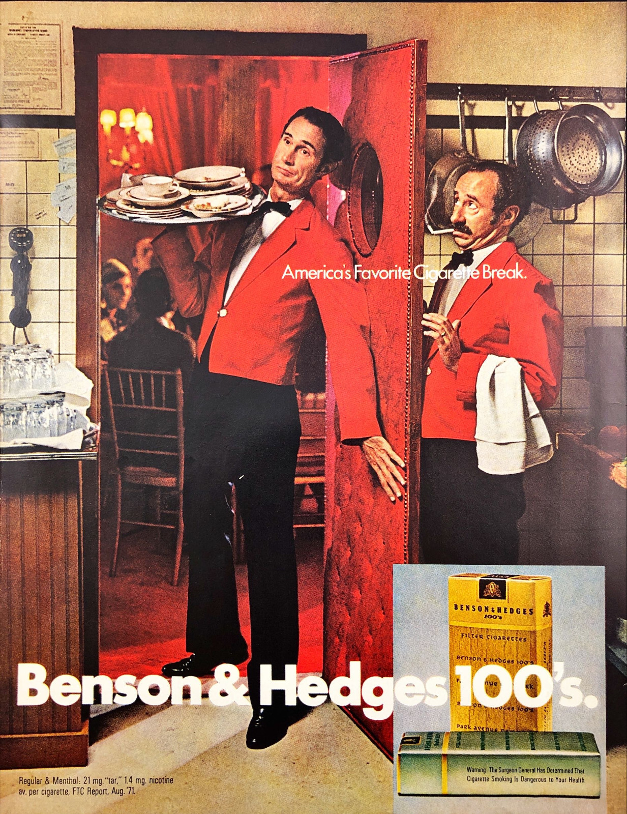 1972 Benson & Hedges Cigarettes Vintage Print Ad Waiters Broken Cigarette Break