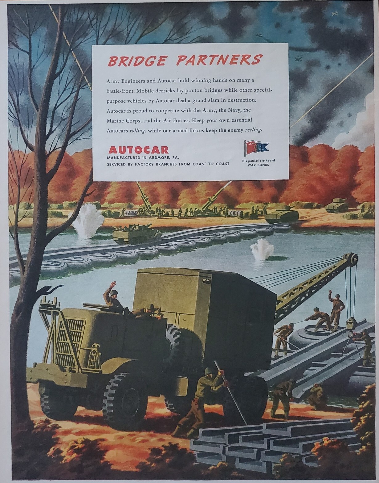 1943 Autocar US Army Engineers Navy Marines Ardmore PA WWII Era Vintage Print Ad