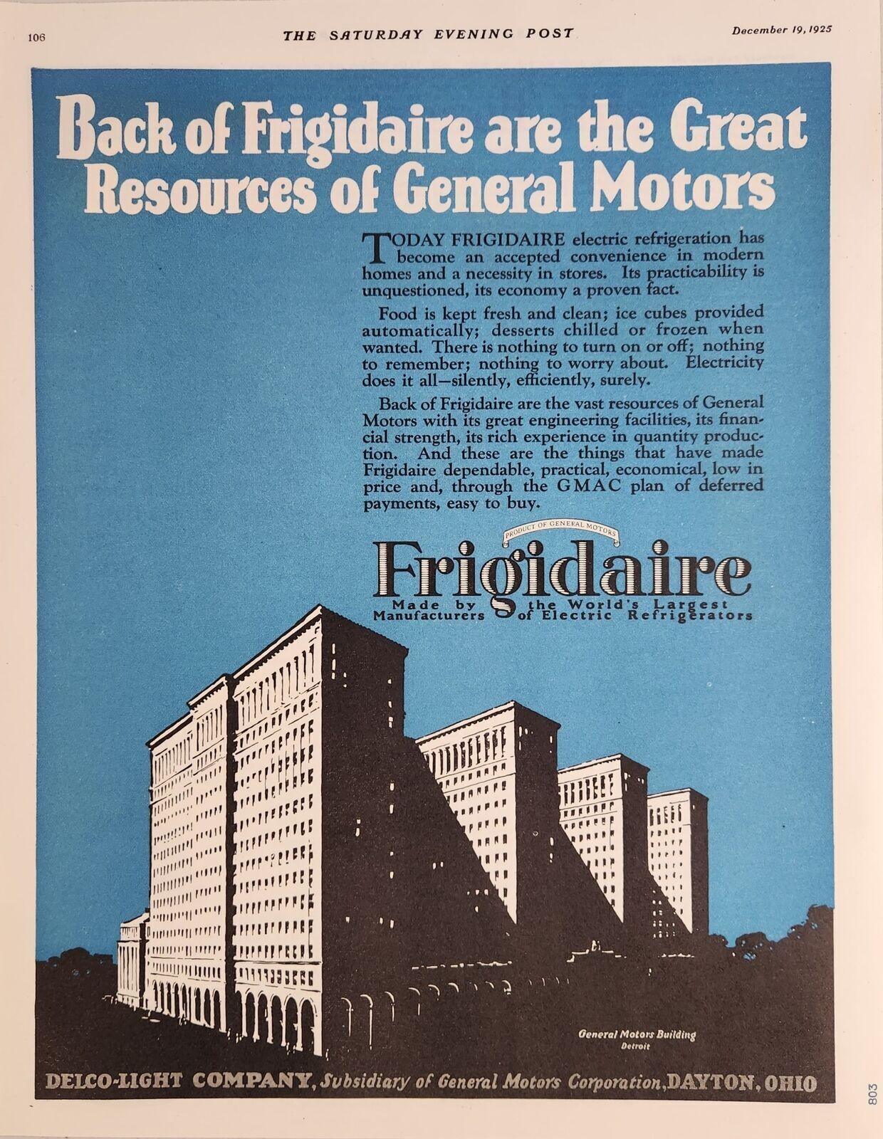 1925 Print Ad Frigidaire Manufacturer of Electric Refrigerators GM Dayton,Ohio