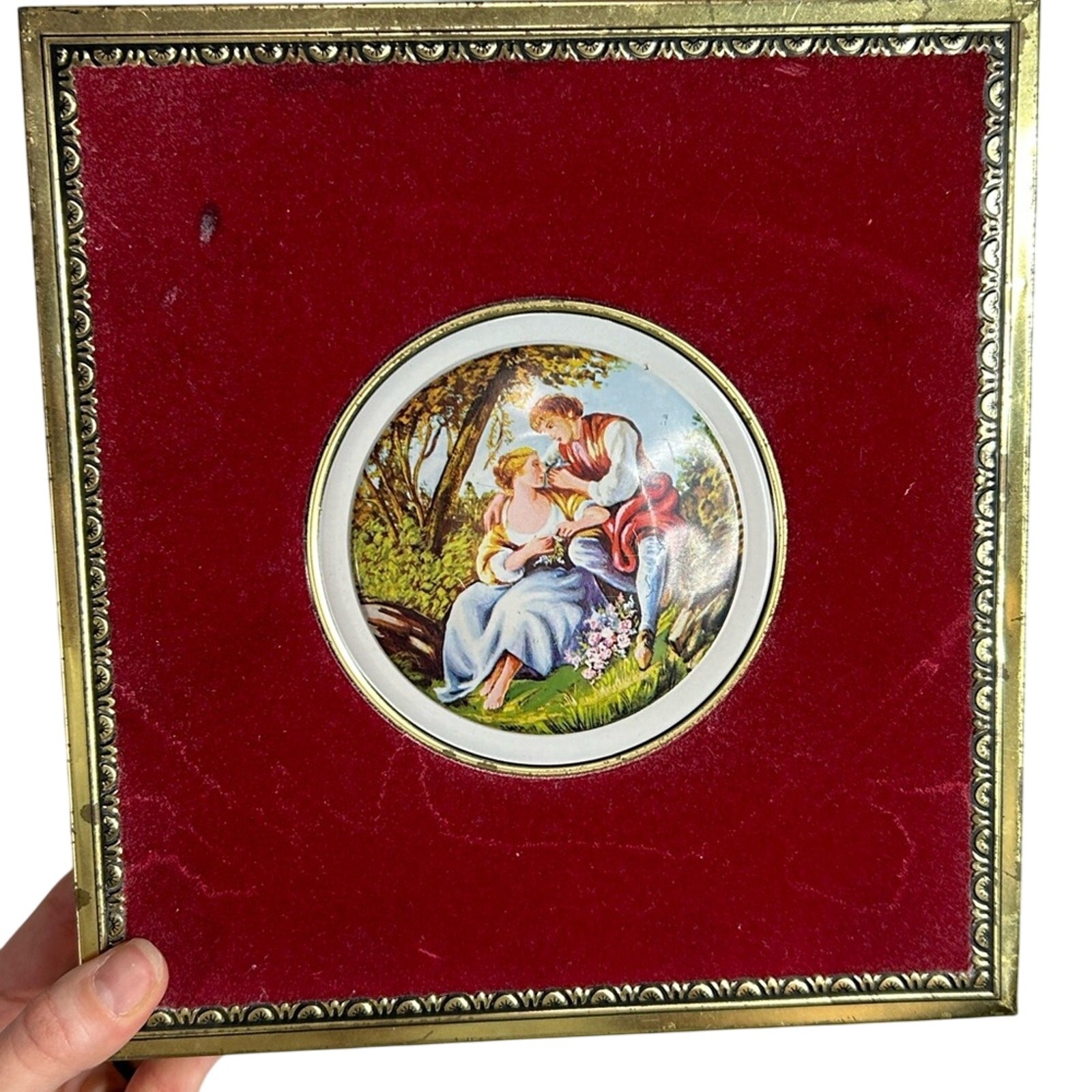Vtg Western Germany velvet embossed tin box gold tone red couple- 9x9x2.5 in