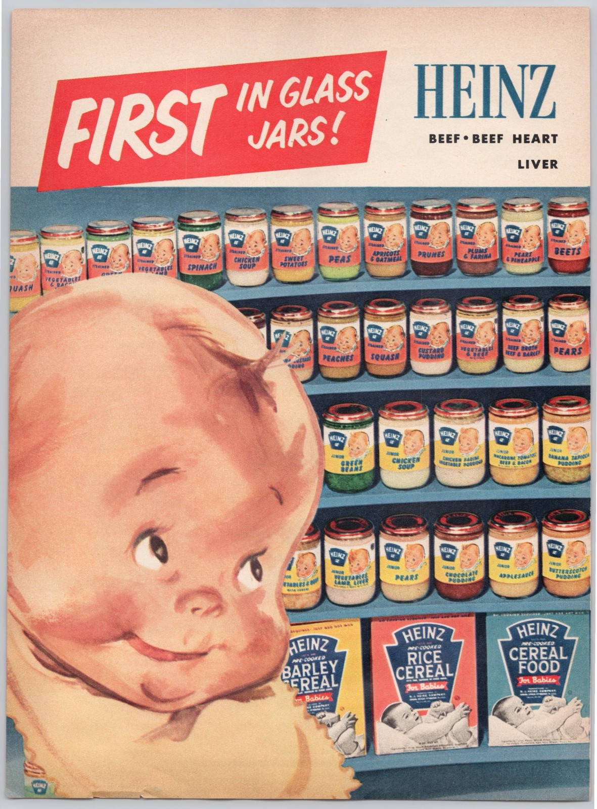 Heinz 2 Page Ad Baby Food Jars Beer Beer Hear Liver Strained Meats 1954 Print Ad