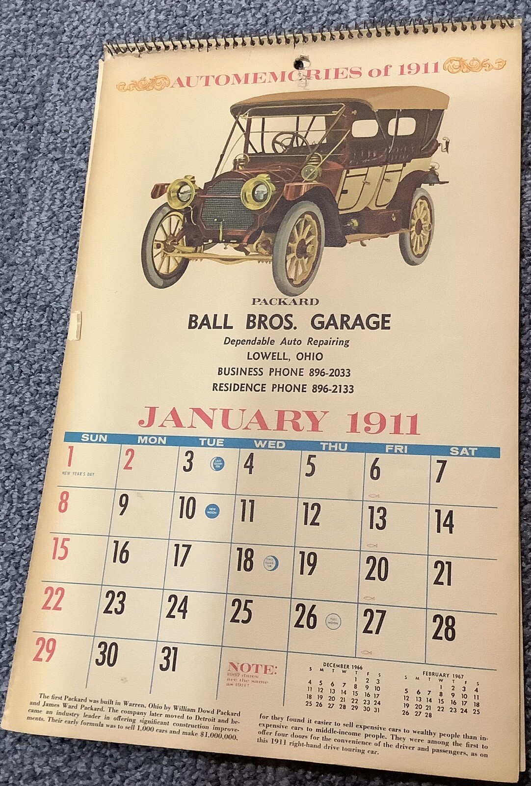 1967 Automemories Of 1911 Calendar, 1967 Dates Are Same As 1911, Vintage Cars