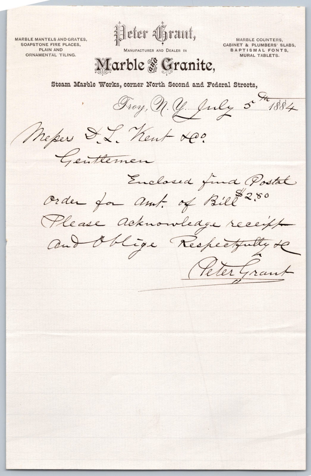 1884 adv. letterhead TROY NEW YORK PETER GRANT MARBLE & GRANITE