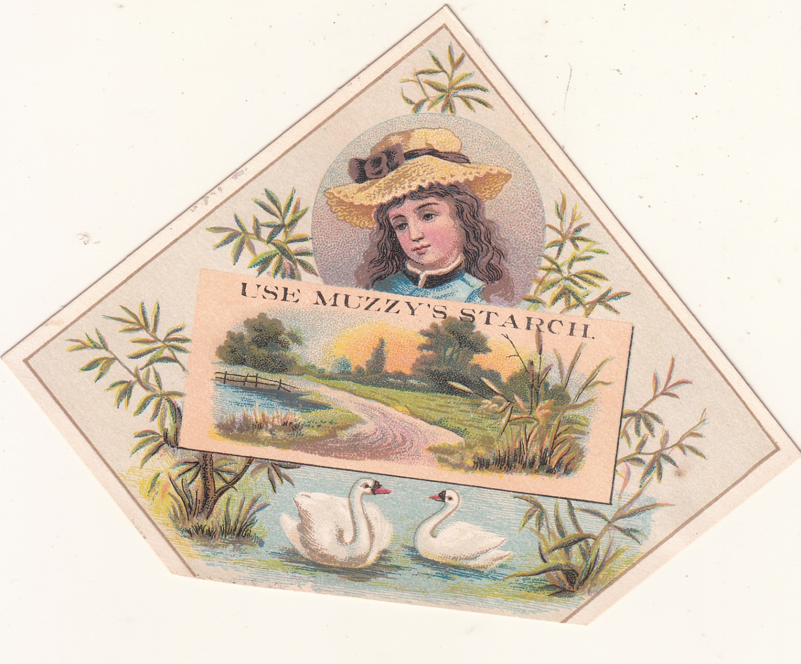 Muzzy’s Starch Girl in Tan Hat White Swans Country Lane Vict Card c1880s