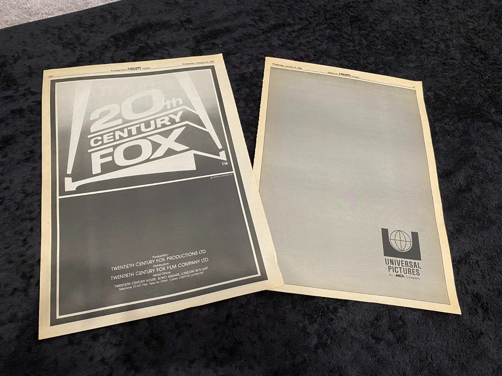 HOLLYWOOD STUDIOS with 20TH CENTURY FOX, UNIVERSAL PICTURES MCA 2 1985 logo ads